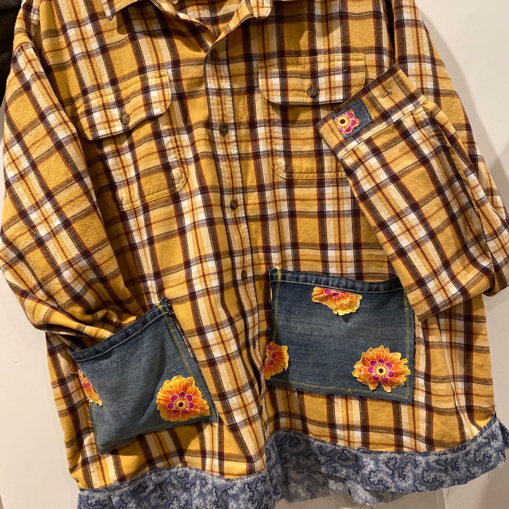 Shacket Flannel Patch Shirt XXL Flower Floral Pockets Hand made Boho Street